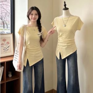 AIYITI | Plus Size Yellow Boat-neck Short Sleeve Tee