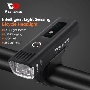 WEST BIKING Bicycle Light 250 Lumen Waterproof Flashlight Intelligent Sensing Bike Lights Cycling Front Headlight Lamp Rechargeable USB Charging Bike Lamp MTB Bike Accessories