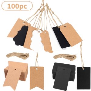 100pcs Kraft Paper Blank Tags Gift Packaging Card Labels With String Price Tag White Black Brown DIY Craft Wedding Holiday Decor