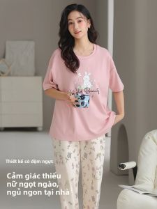MiiOW | Bộ đồ ngủ cotton nguyên chất có đệm ngực cho nữ Bộ đồ ngủ dài tay quần short thoải mái dễ thương mặc nhà mùa hè