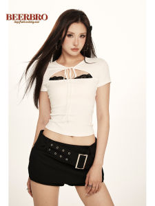 Rose Floral Design Short Sleeve Slim Fit T-Shirt Womens Street Style R Palete Tie Belt American Retro BeerBro Summer Top