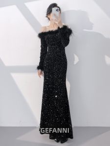 Elegant New Year Party Evening Gown Off-Shoulder Fish Tail Long Sleeve