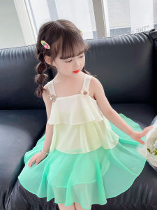 Girls Summer Fashionable Chiffon Strap Dress Beach Princess Vest Dress A-Line Skirt Gradient Pattern Korean Style Childrens Clothing