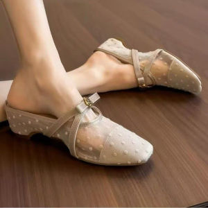 2026 Summer New Womens French Style Square Toe Slip-on with Bow Tie Height Increasing Insoles 5CM Mesh Loafers Straight Strap Flat Sandals