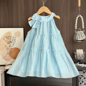 Menoea 2-7-year-old Summer New Girls Blue Bow Sleeveless Hanging Neck Multi-layer Cake Princess Dress Birthday Party Casual Kids Outfits