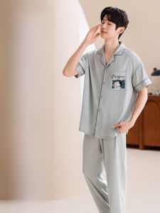 MiiOW | Bộ đồ ngủ nam Ice Silk mùa hè 2025 Áo sơ mi tay ngắn quần dài ba mảnh có thể mặc ngoài trời Quần áo mặc nhà thoáng khí thoải mái