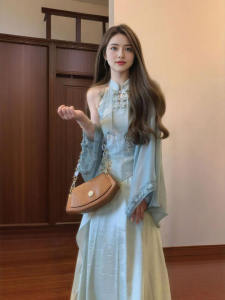 CHANGTONG | French Soft Style Printed Cheongsam Long Dress and Shawl Set