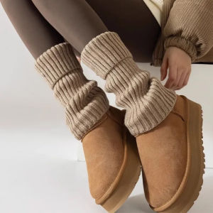 Womens Warm Leg Warmers - Thick Ribbed Winter Leggings Brown Stripes - Machine Washable. Suitable for cold weather womens wi