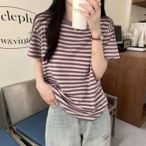 Áo Thun Nữ Tay Ngắn Sọc Màu Tương Phản Cổ Tròn Dáng Rộng Mùa Hè Phong Cách Hàn Quốc Cổ Điển Giảm Tuổi Tác Thời Trang
