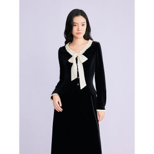 Elegant Bow Ruffle V-Neck Waist Cinching Velvet Dress
