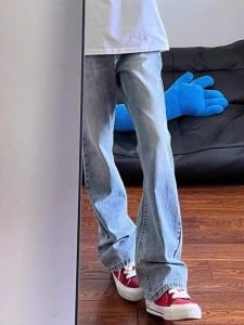 กางเกงยีนส์ทรงขาบานสไตล์ย้อนยุคสีน้ำเงินอ่อนสำหรับผู้ชาย Cleanfit กางเกงขายาวทรงสลิมฟิต ทรงขาบาน ทรงหลวม ฤดูใบไม้ผลิและฤดูใบไม้ร่วง