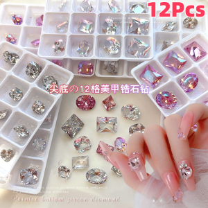 12Pcs 3D Zircon Nail Art Rhinestones 6-10mm Mixed Sqaure/Heart/Oval Diamond Nail Charms Sparkly DIY Jewelry Manicure Accessories