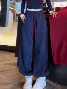 High Waist Straight Leg Pants Womens Loose Fit Slimming Dark Blue Versatile Casual Trousers Street Style Sporty Leisure