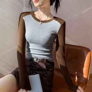 Slim Fit Long Sleeve T-Shirt Womens Base Layer Shirt Spring Autumn Color Block Versatile Casual Style round Neck Top