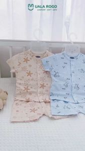 Đồ bộ cộc tay bé trai bé gái Ualarogo cúc giữa 0-12 tháng vải Cotton Melange co giãn mềm mại 3845