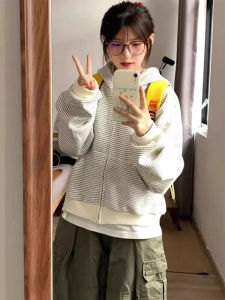 American Retro Striped Open Cardigan Hoodie Womens Loose Zipper Korean Style Loose Short Coat Spring Autumn Fashion