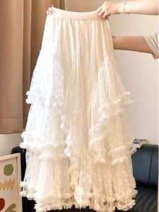High Waist Large Size Cake Skirt Mesh Half Skirt Womens Autumn Winter New Style Heavy Work Skirt Asymmetrical Long Skirt