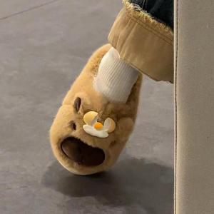 รองเท้าแตะผู้หญิง รองเท้าแตะขนแกะหนา รองเท้าแตะฤดูหนาวแบบสวมสบาย รองเท้าแตะพื้นยางสำหรับใส่ในบ้านและกลางแจ้ง