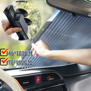 ม่านบังแดดในตัวดูดติดกระจกหน้ารถรถสำหรับฤดูร้อนขนาด46/70ซม. หดอัตโนมัติทรงพัดลมป้องกันรังสียูวีหน้าต่างด้านหน้าและด้านหลังอุปกรณ์ตกแต่งภายในรถยนต์