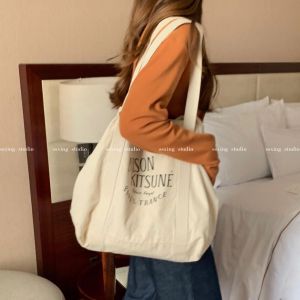Thick Canvas Tote Bag from Korea Stylish Letter Print Shoulder Bag for Youth Soft Lining Double Root Shoulder Strap