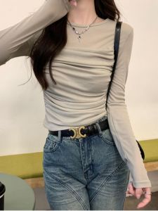 Pure Desire ตาข่าย Splice Round Neck Long Sleeve Micro โปร่งแสง T-Shirt ผู้หญิง Sun Protection New Style Folded Slim Short Length เสื้อท่อนบน