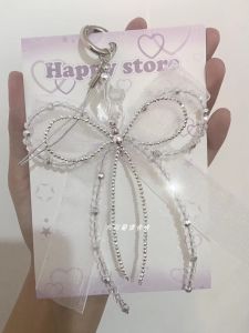 Crystal Butterfly Knot Mobile Phone Chain Pendant Womens Silver Dust Bag Charm Car Key Holder School Bag Accessory Small Ornament