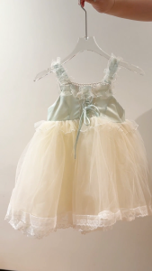 Girls Green Cream Princess Dress Lace Tulle Party Dress Kids Birthday Dress Flower Girl Wedding Performance Costume