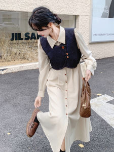 Korean Style Shirt Dress Set Womens Spring Autumn New Design Slimming Vest Dress Two-Piece Set Commute Loose Waist Long Sleeve