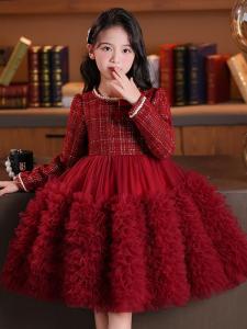 ชุดเดรสเด็กผู้หญิงสีแดง ฤดูใบไม้ผลิและฤดูใบไม้ร่วง 2025 ชุดเดรสเจ้าหญิงทรงเข้ารูปสำหรับเด็กผู้หญิง ชุดเดรสเด็กผู้หญิง