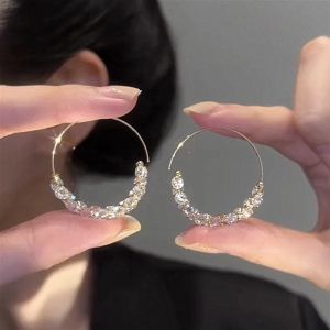 Elegant Minimalist Circle Hoop Earrings with Sparkling Diamonds Cold Tone High-End Fashion Jewelry Lightweight Luxury Ear Decor New Model