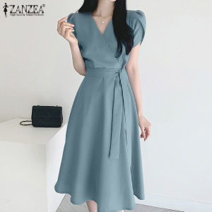 Fancystyle ZANZEA Womens Short Sleeve V Neck Ruffles Midi Dress Party Dresses #11