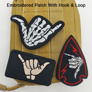 Skeleton Shaka Hand Embroidered Patch Hook & Loop Tactical Gesture Arrow Badge DIY For Backpack Jacket Vest Hat Hunting Camping
