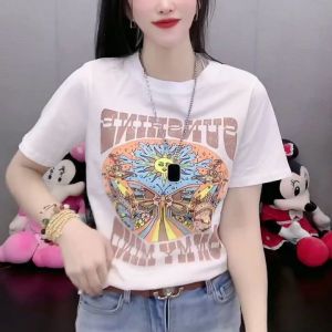 Pure Cotton Short Sleeve T-Shirt Womens Summer New Style Letter Print Base Shirt Inner Wear Korean Version round Neck Top