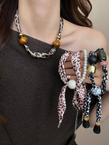 Trendy Pearl Imitation Beads Scarf Necklace Womens 2025 New High-End Versatile Design Leopard Print Choker Accessory