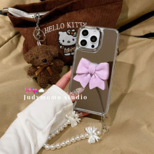 Princess Fugitives~gentle Purple Bow Mirror Soft Shell Suitable for 16 Mobile Phone Cases Pearl Chain for Youthful Girls