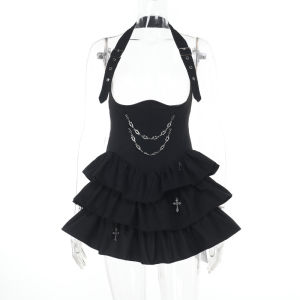 Váy Gothic Dark Gothic Puffy Skirt Váy Dài Không Tay Cổ Chữ V Váy Mùa Hè Đa Năng Váy Xếp Ly Váy Gothic Cho Nữ