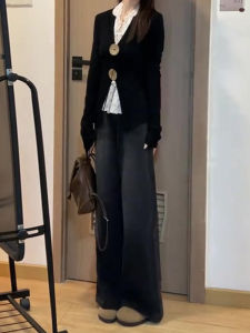 ฤดูใบไม้ร่วงวินเทจขากว้าง เดนิม กางเกงยีนส์ ผู้หญิง สูง เอว หลวม เดรปยาวพื้น กางเกง สไตล์เกาหลี เดินทาง ลำลอง กางเกงขายาว