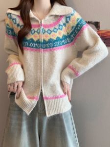 plus Size Christmas Embroidered Knit Cardigan Womens Autumn Winter Soft Cozy Flip Collar Sweater Jacket Gentlewomen Style