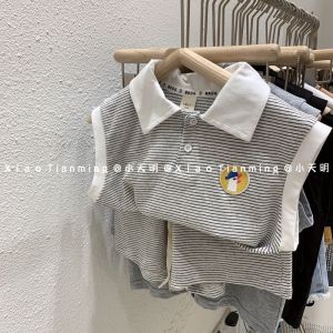 Childrens Summer Polo Neck Vest And Shorts Set Striped Sleeveless Two-Piece Suit for Boys Cotton Korean Style Thin Fabric