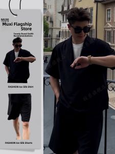 Black Linen Mens Suit Ice Silk Short Sleeve Shirt Fashionable Summer Outfit Teenage Boys Clothing Set Cool Short Pants