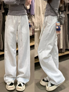 American Style Grey Fleece Lined Casual Wide Leg Sport Pants Womens Autumn Winter Loose Straight Cut Small Size Comfortable Trousers