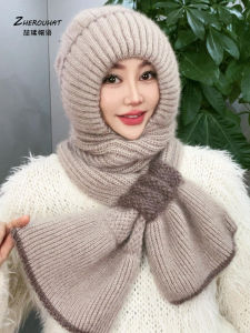 Knitting Wool Hat Scarf Integrated Female Winter Fleece-lined Thick Warm Earflaps Middle-Aged and Elderly Stuffed Snow Hat
