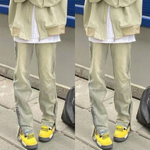 สูง เอว ขากว้าง กางเกงยีนส์ ผู้หญิง หลวม พอดีตัดตรง กางเกงขายาว ซิป ด้านข้าง กระเป๋าเสื้อ พรางหุ่น กางเกงขายาว สไตล์วินเทจ