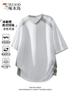 Ice Silk American Style Mens T-Shirt Short Sleeve Breathable Lightweight Cool Feeling Loose Fit V-Neck Summer Top