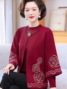 ชุดเสื้อสเวตเตอร์ถักสองชิ้นสำหรับคุณแม่ ชุดแต่งงาน แฟชั่นฤดูใบไม้ร่วง/ฤดูหนาว สำหรับผู้หญิงวัยกลางคนและผู้สูงอายุ