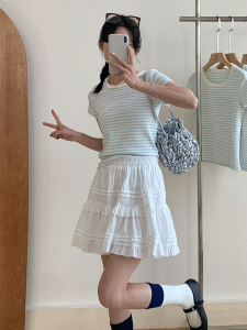 Áo Thun Nữ Tay Ngắn Màu Xanh Sữa Ôm Vừa Vặn Mùa Hè Phong Cách Mới Đa Năng Cỡ Nhỏ Áo Thun Cổ Tròn Sọc