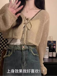 Womens Hollow out Knitted Short Cardigan Long Sleeve Outerwear Light Summer Sun Protection Trendy V-Neck Slim Fit Commute Style