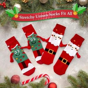 2Pairs Funny Christmas Lovers Hand Socks Magnetic Cartoon Comfortable Cotton Mid-calf Socks Christmas Gift