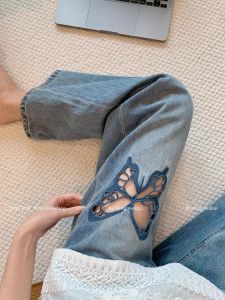Retro Blue Hollow Butterfly Straight Leg Jeans Womens Summer New Design Thin Casual Wide Leg Pants High Waist Commute Style