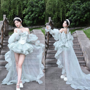 Summer Green Princess Style Dress with Train Puffy Skirt Set Long Sleeve High Waist Formal Gown for Ladies Daily Wear